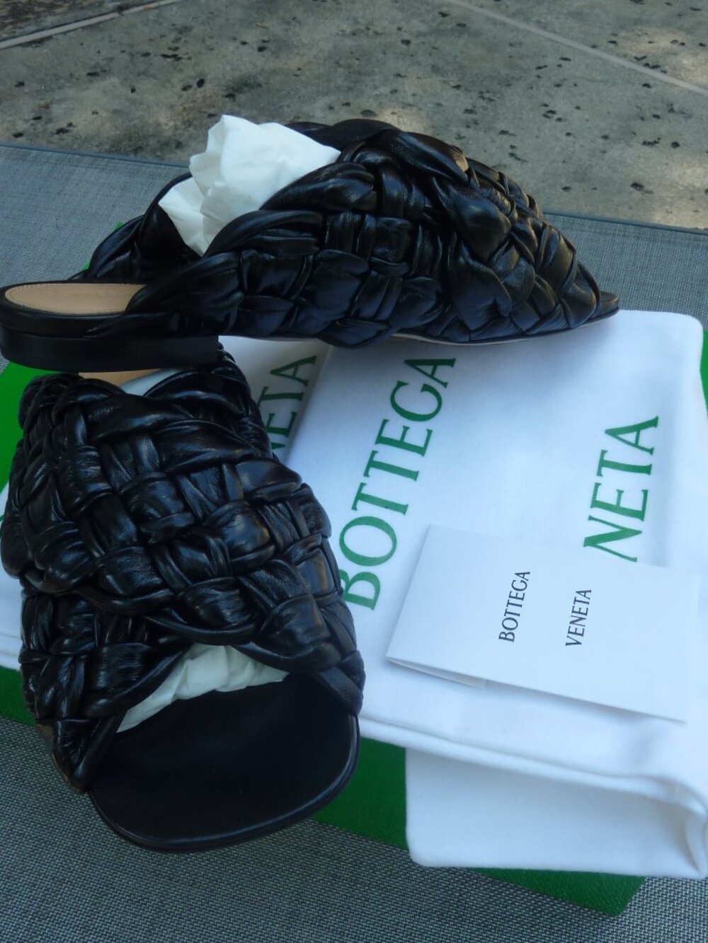 Bottega Veneta Intrecatto Black Lambskin Leather Sandals